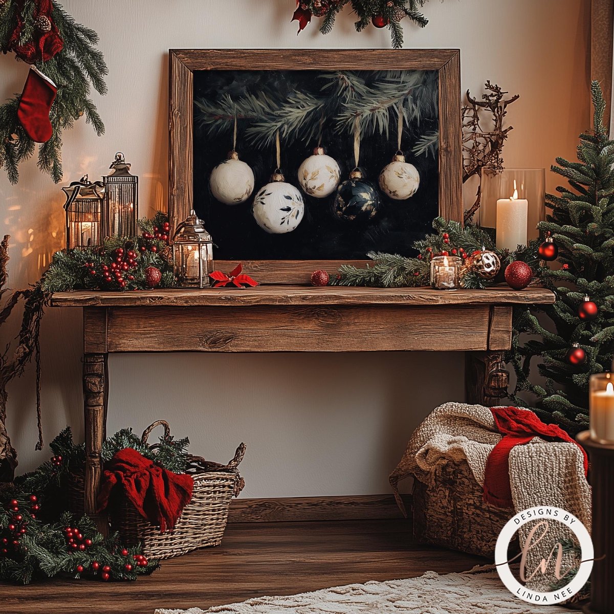 a cozy and festive Christmas scene, featuring a wooden table adorned with ornaments, candles, and a wreath. The table is surrounded by a variety of holiday decorations, including a Christmas tree, garlands, and other festive items. The overall atmosphere is warm and inviting, with the combination of natural wood tones, soft lighting, and the traditional Christmas decorations creating a harmonious and visually appealing scene.