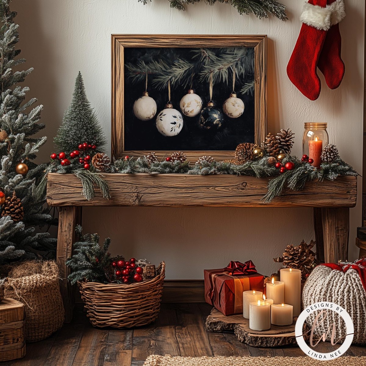 a cozy and festive Christmas scene, featuring a wooden table adorned with ornaments, pine cones, and a wicker basket filled with red berries. A framed picture of Christmas ornaments hangs above the table, and a pair of red stockings hangs on the wall. The room is decorated with Christmas trees, candles, and other holiday-themed items, creating a warm and inviting atmosphere.