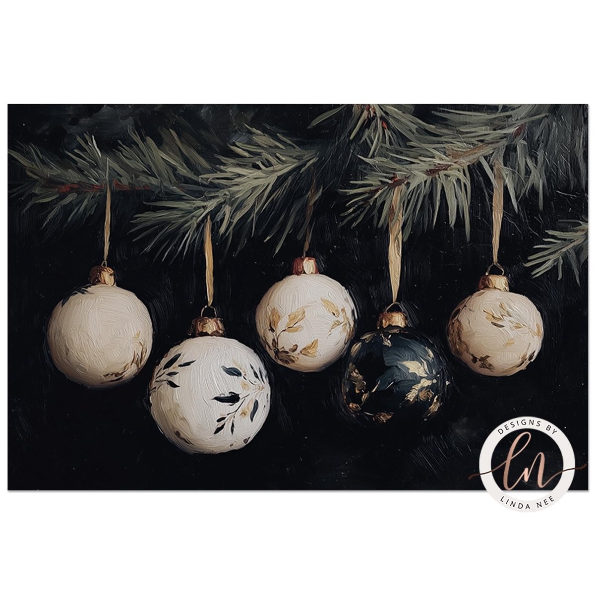 a collection of five Christmas ornaments hanging from a branch, each with a unique design and color.