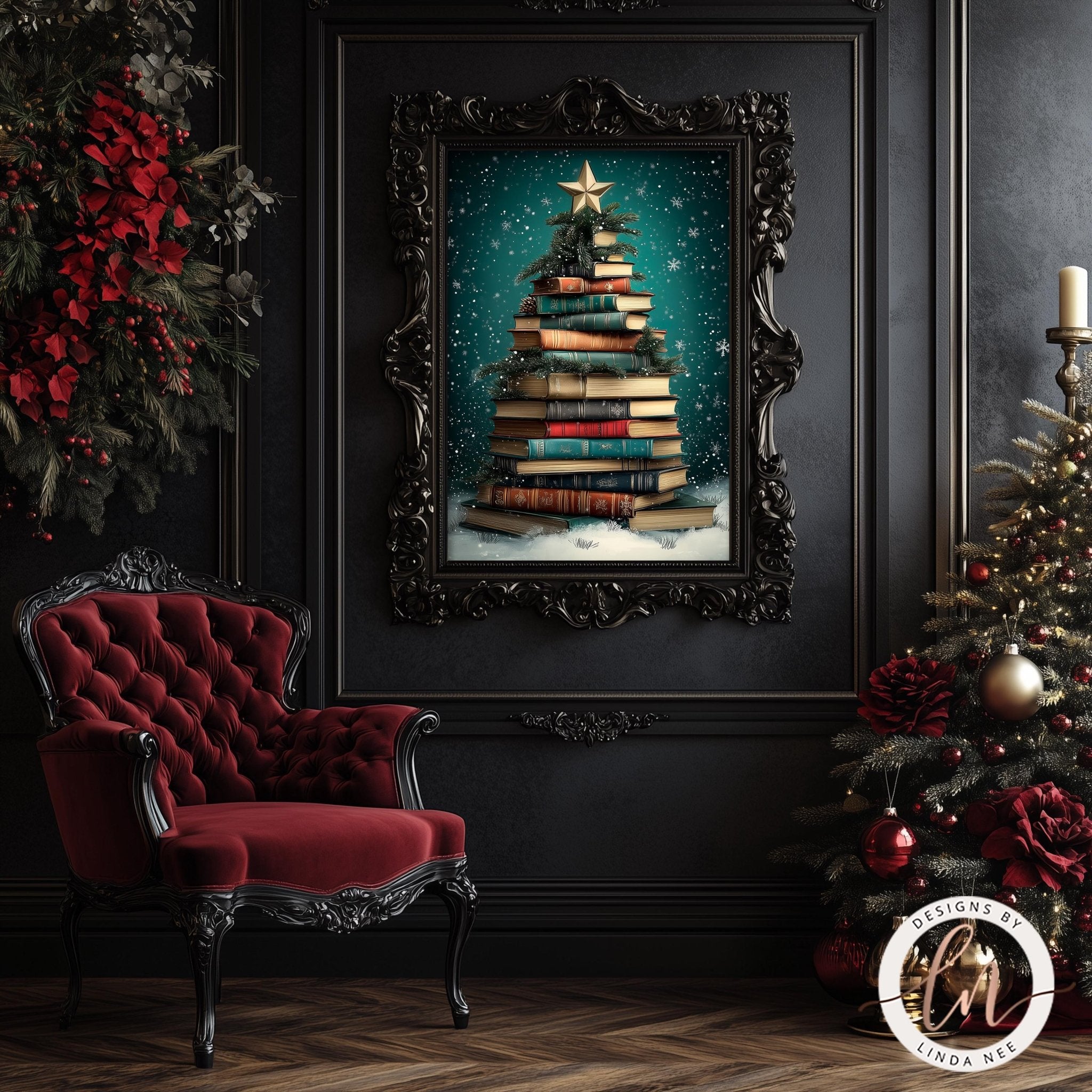 Book Christmas Tree Print - Dark Academia Library Wall ArtAI