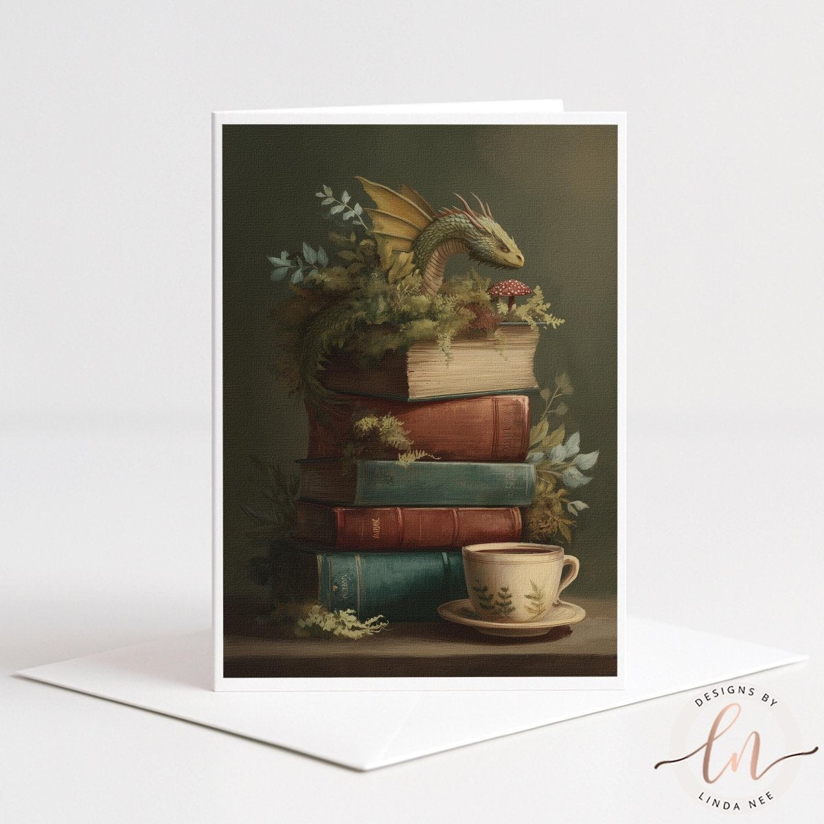 A stack of colorful books with a dragon perched on top, accompanied by a cup of tea or coffee, creating a whimsical and cozy scene.