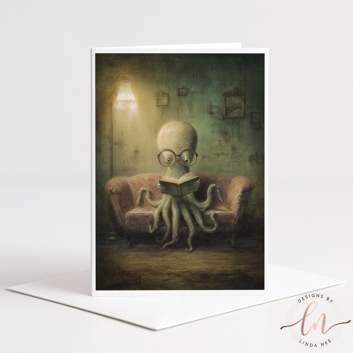 An octopus wearing glasses is sitting on a couch, reading a book in a dimly lit room.