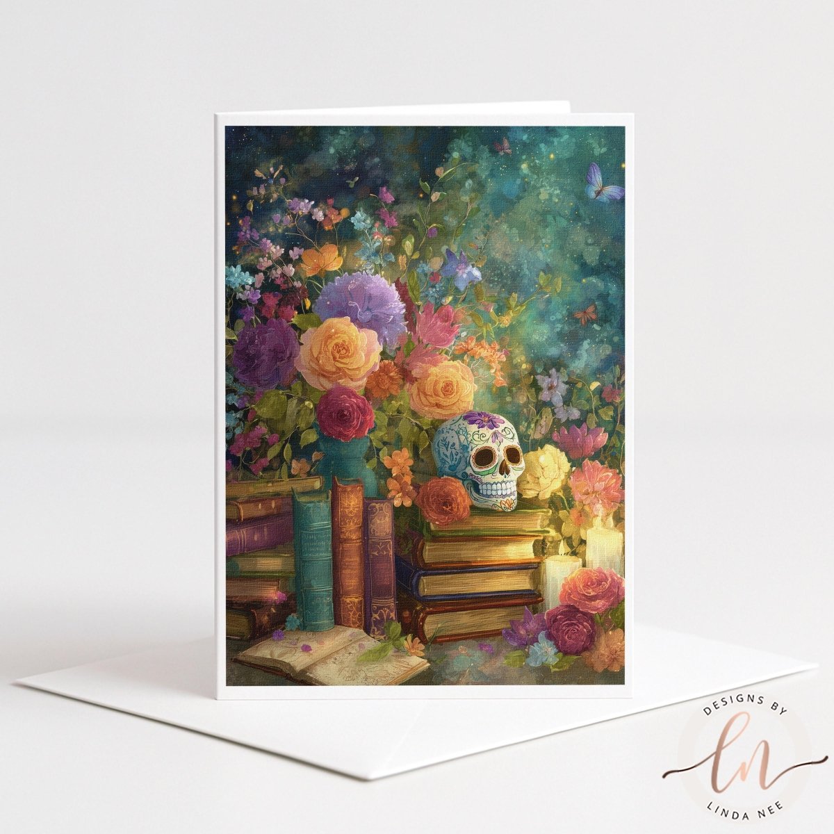 A colorful and vibrant illustration of a skull surrounded by flowers, books, and a vase, set against a lush, green background.