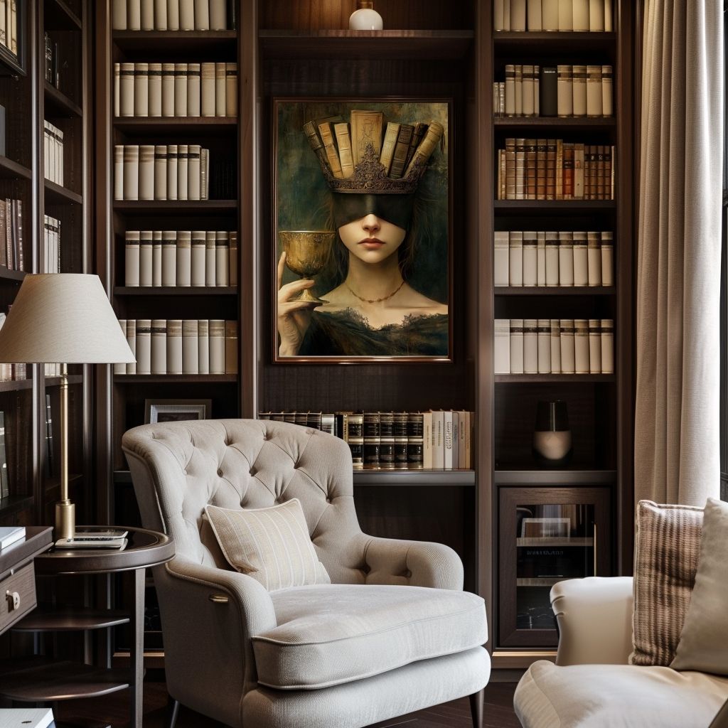 Luxurious living room with bookshelves, armchair, and artwork.