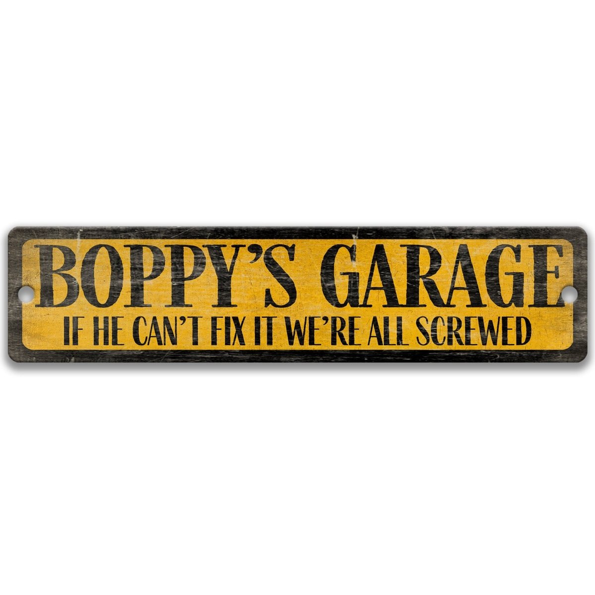 The image is a sign with the text "BO poppys garage" in black and yellow letters.