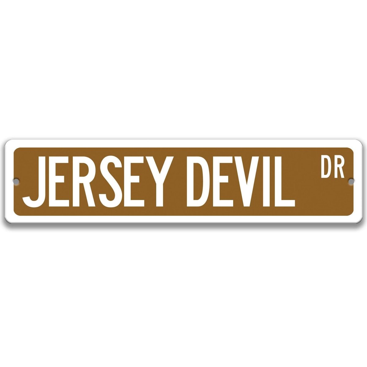 Brown Jersey Devil aluminum street name sign with white lettering, alternate layout