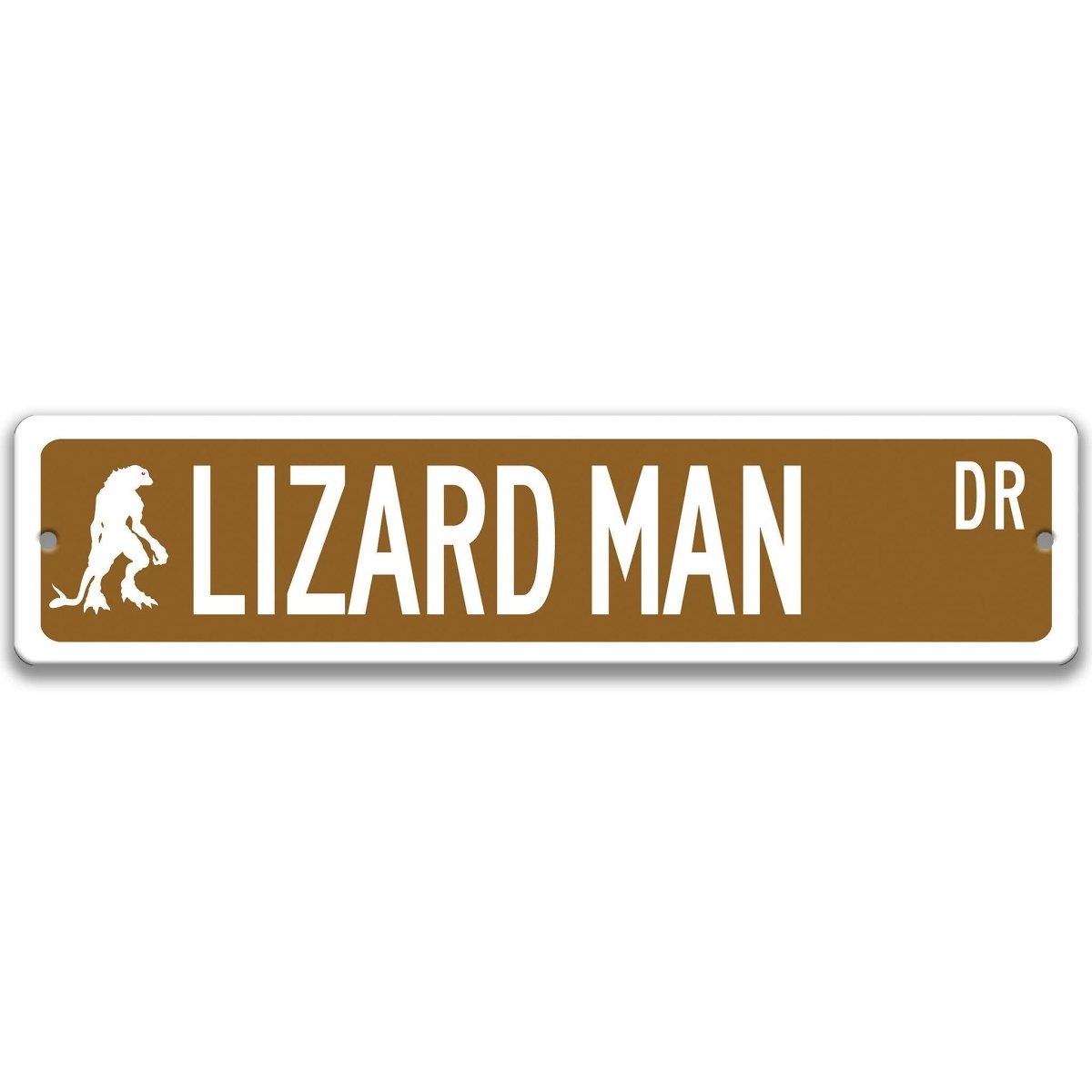 Brown Lizard Man aluminum street name sign with white lettering