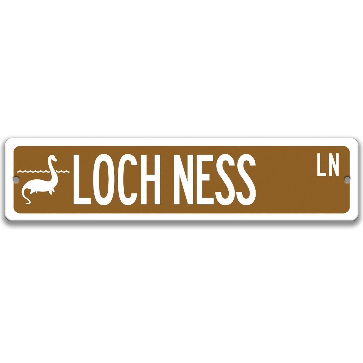 Brown Loch Ness Monster aluminum street name sign with white lettering