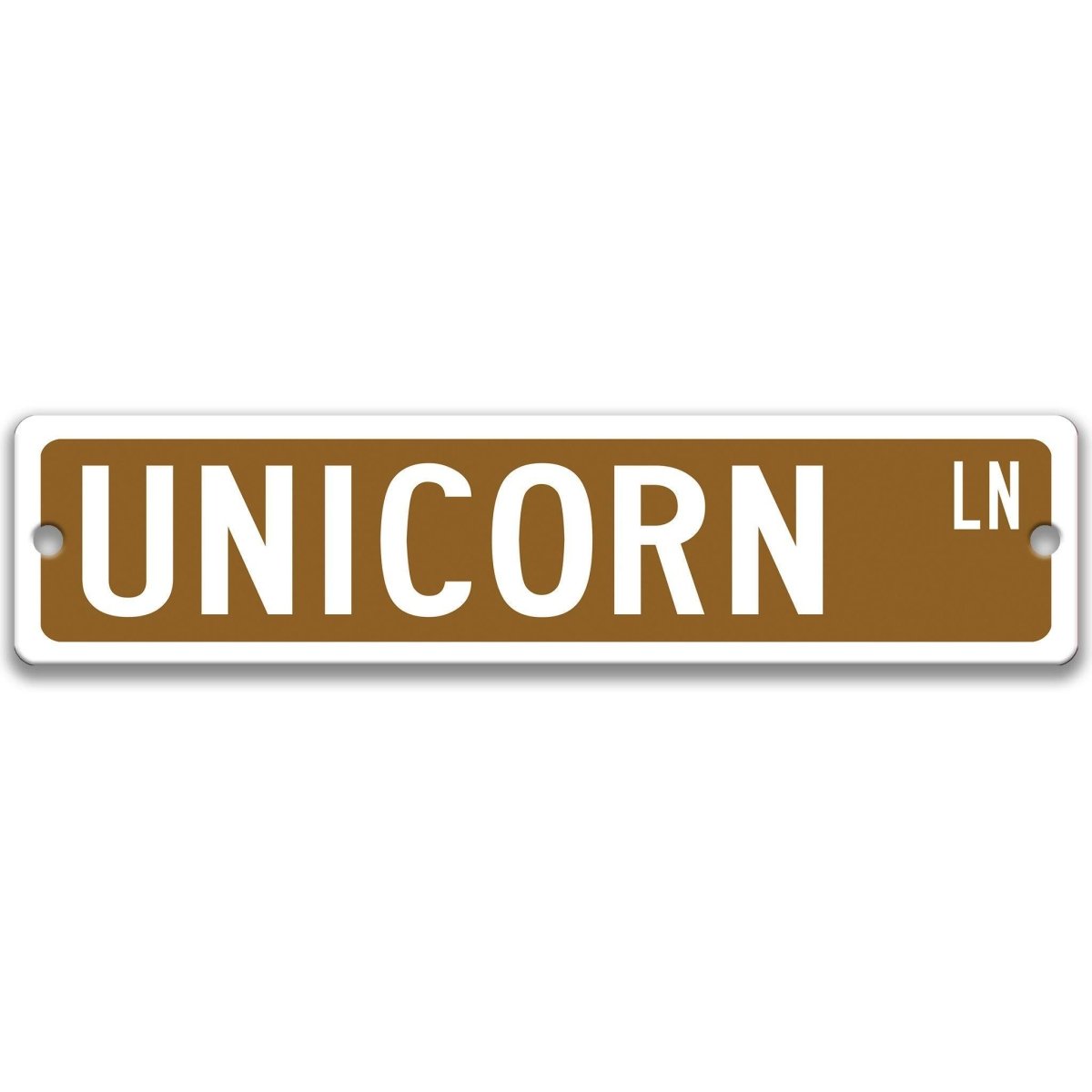 Brown Unicorn aluminum street sign with white lettering