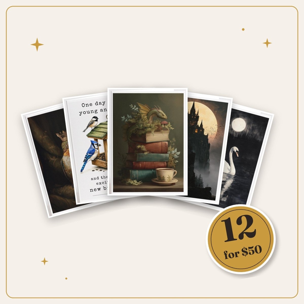 Five Designs by Linda Nee art note cards and greeting cards fanned out with a gold 12 for $50 seal