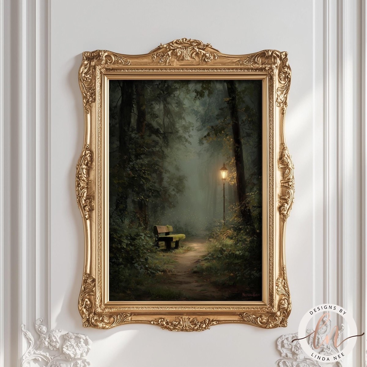 The image is a painting of a bench in a forest, with a path leading to it and a lantern hanging from a tree.