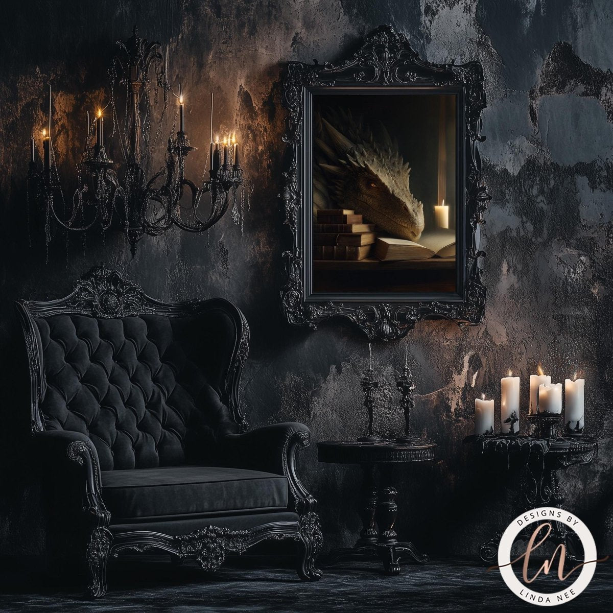 a dark, ornate room with a large, ornate mirror, a black tufted chair, and a painting of a dragon. The room has a dark, moody atmosphere with candles and a chandelier providing warm lighting.