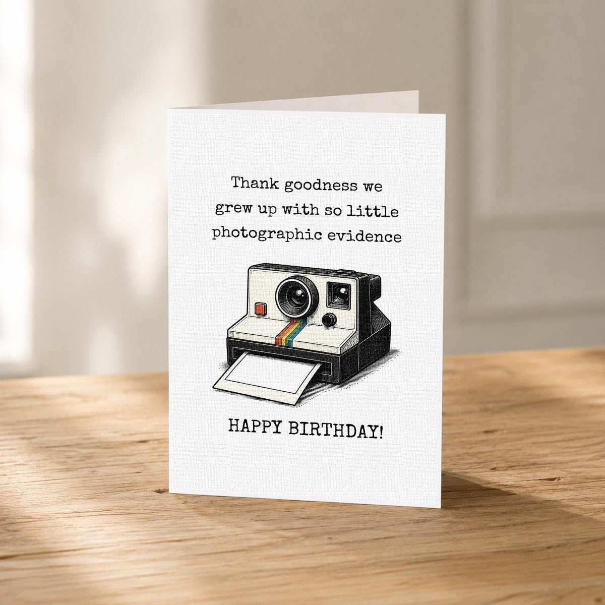 Close-up of the No Photo Evidence Vintage Birthday Card showing the retro instant-camera artwork.