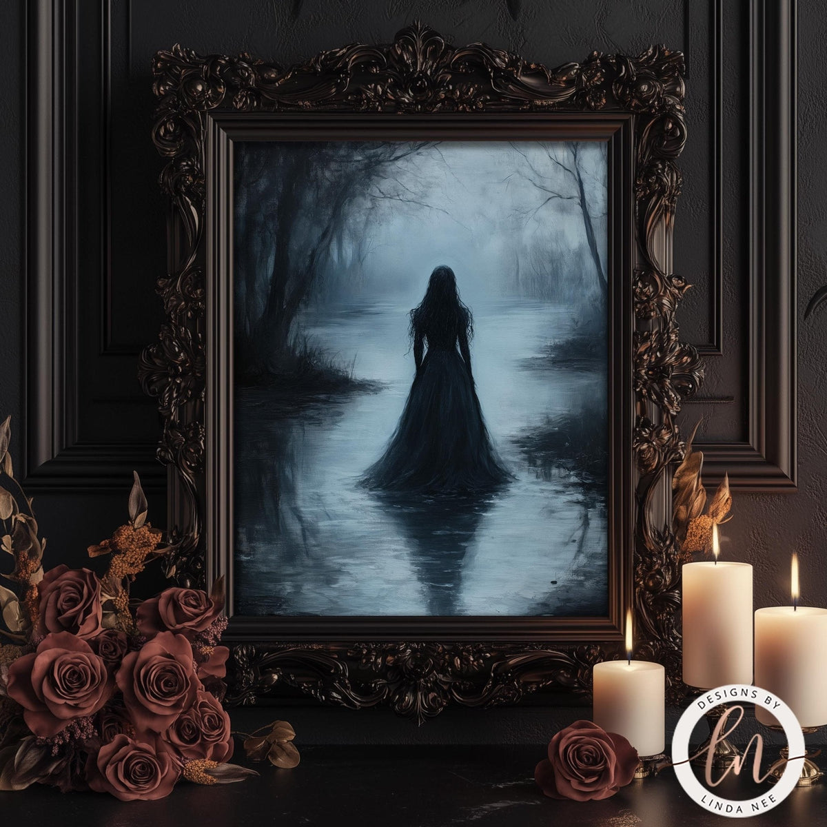 a dark, moody scene with a woman standing in a misty, forested area, surrounded by candles and roses.