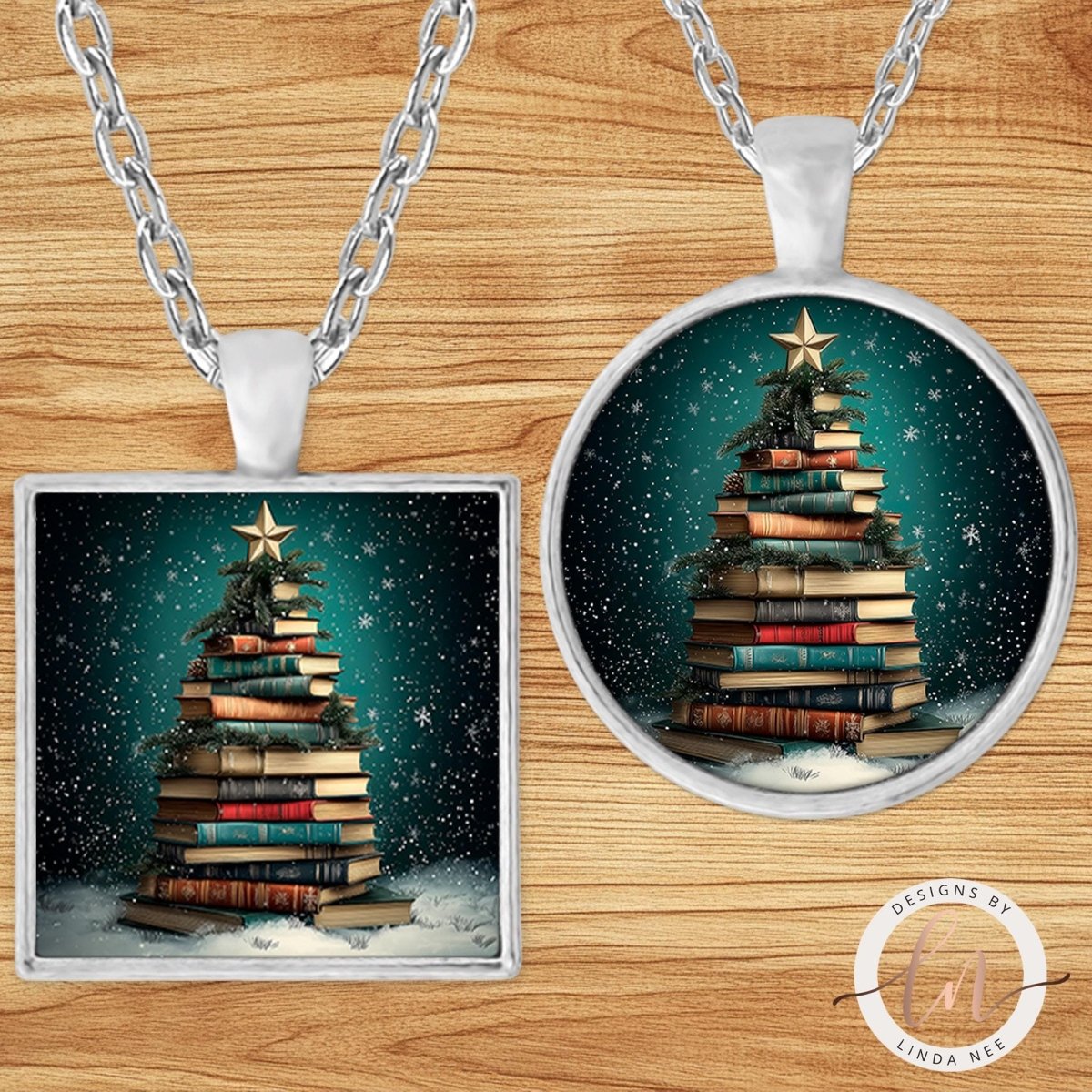 Book Stack Christmas Tree Pendant Necklace