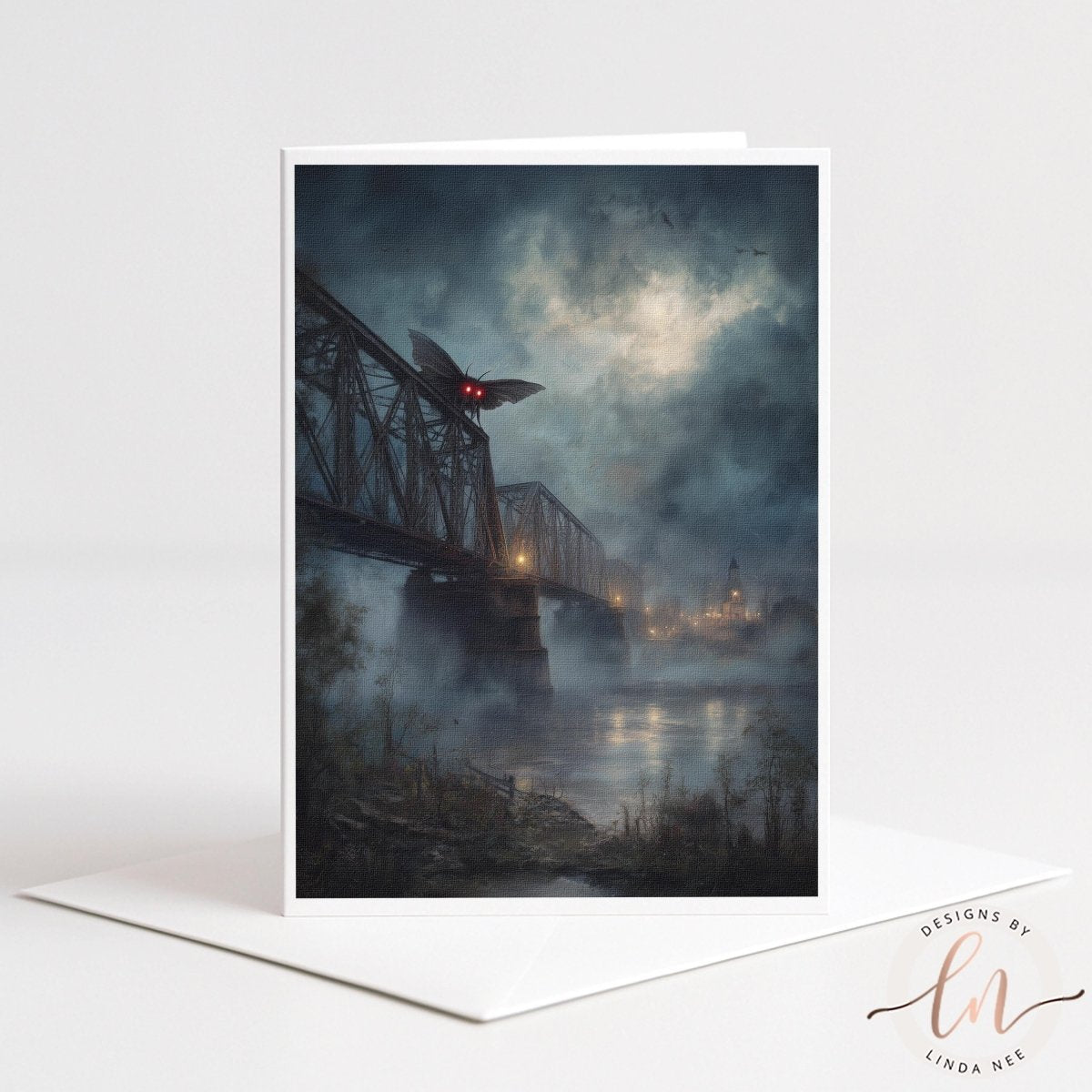 a bridge with Mothman flying over it, set against a dark, misty landscape.