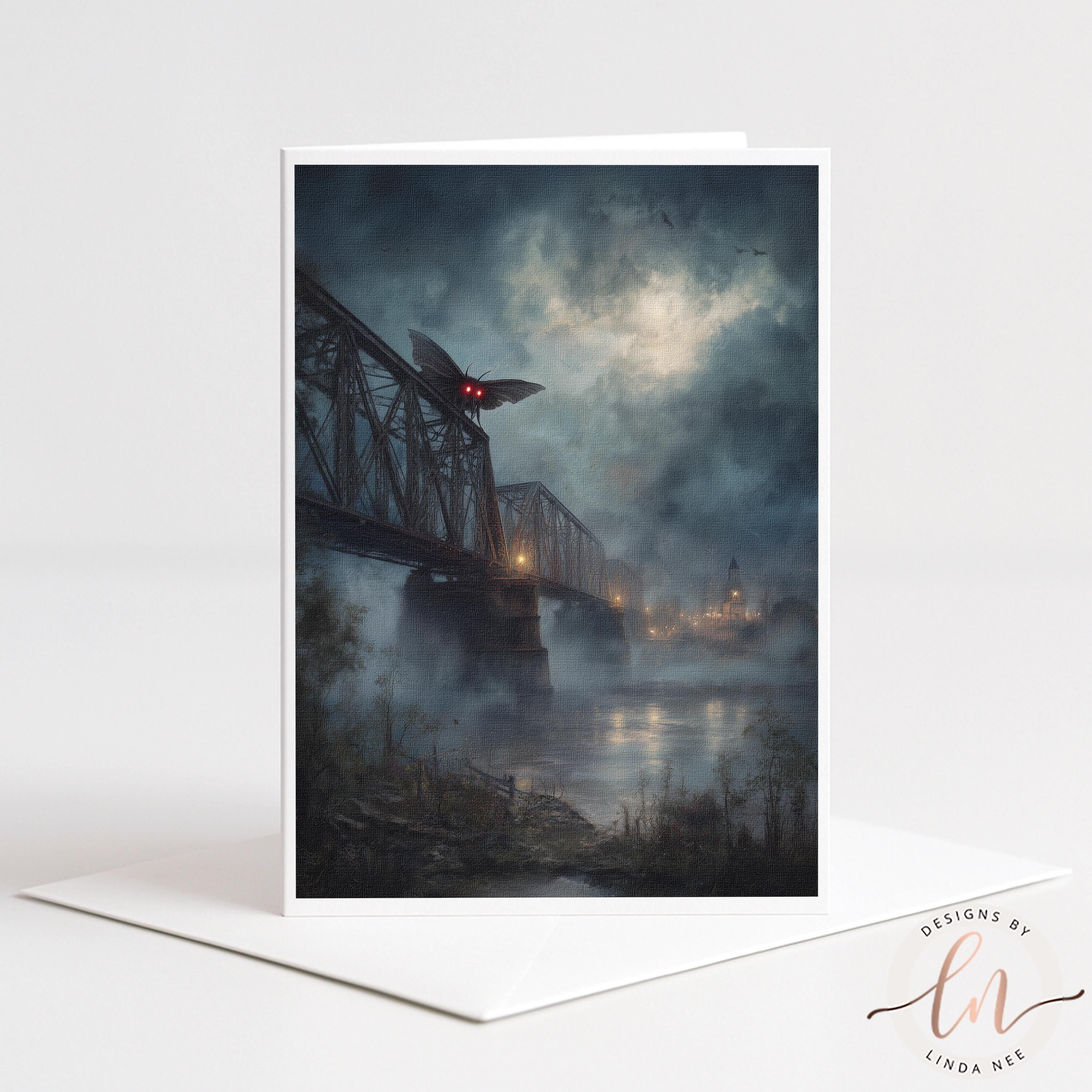 a bridge with Mothman flying over it, set against a dark, misty landscape.