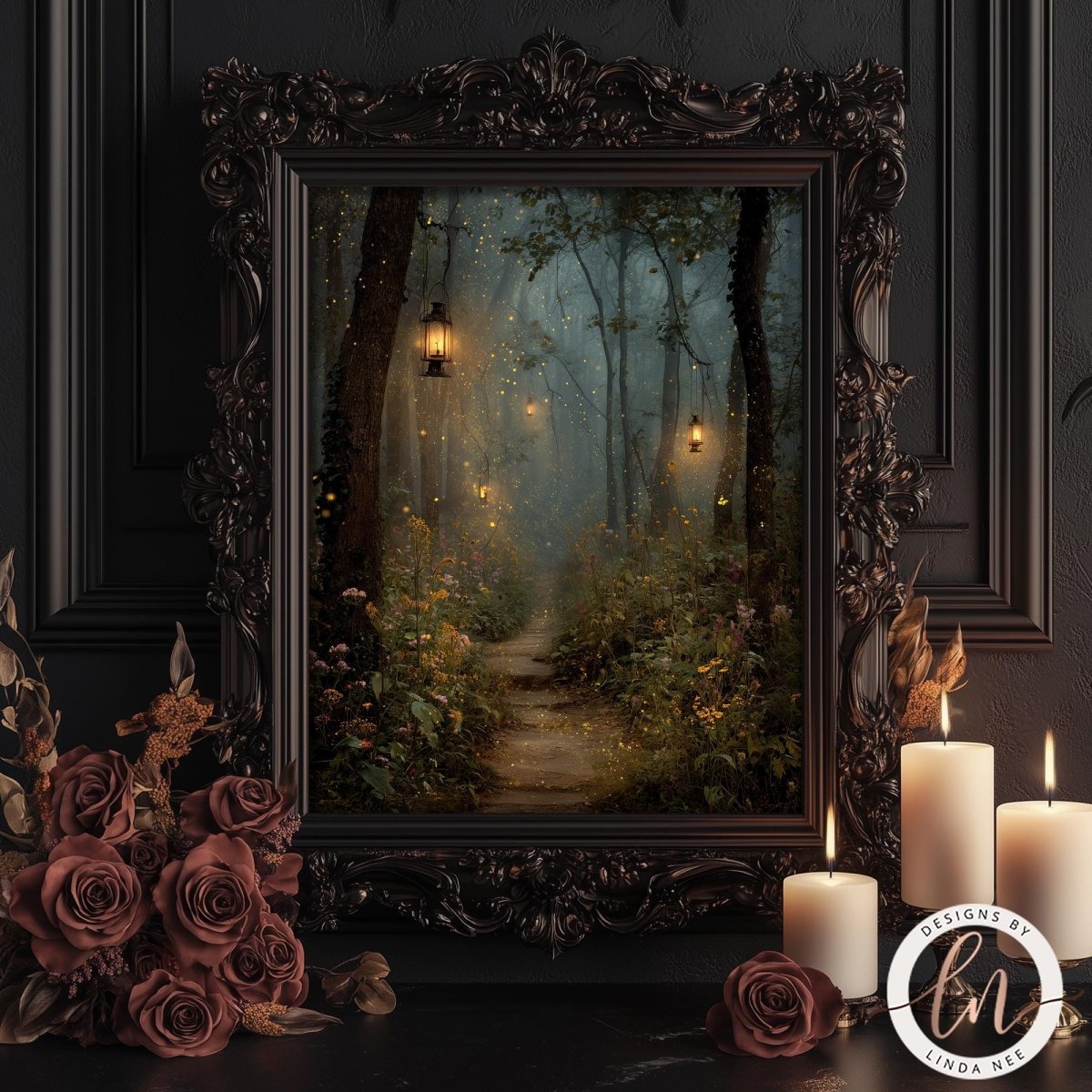 a dark, ornate frame with a painting of a forest path illuminated by lanterns, surrounded by candles and roses.