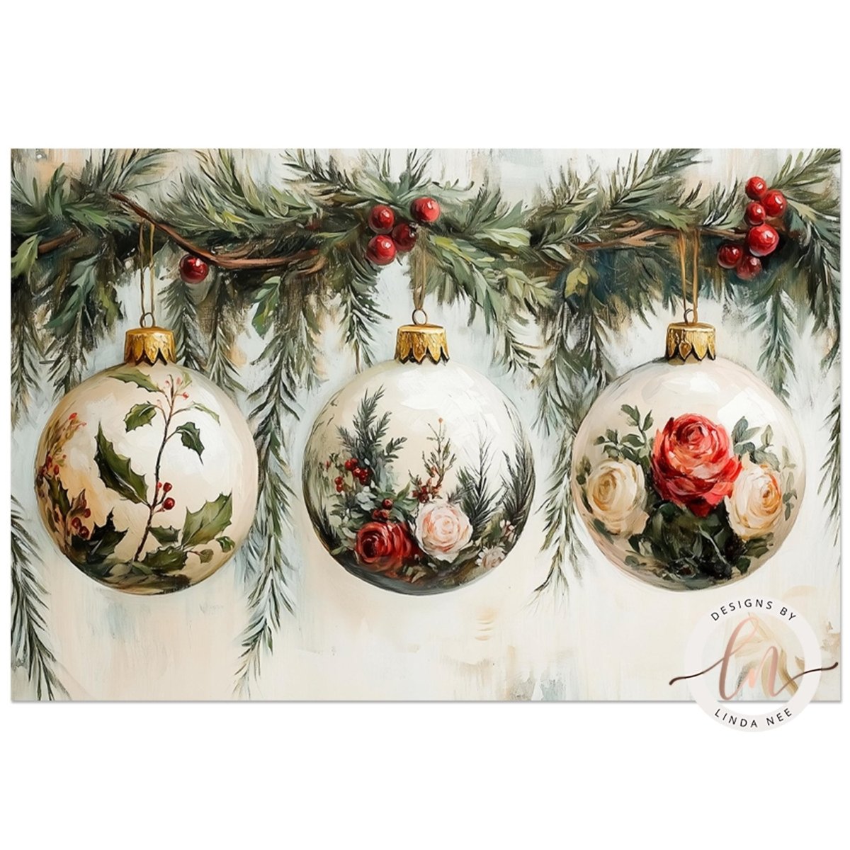 Floral Christmas ornaments suspended from a branch of berries and greenery
