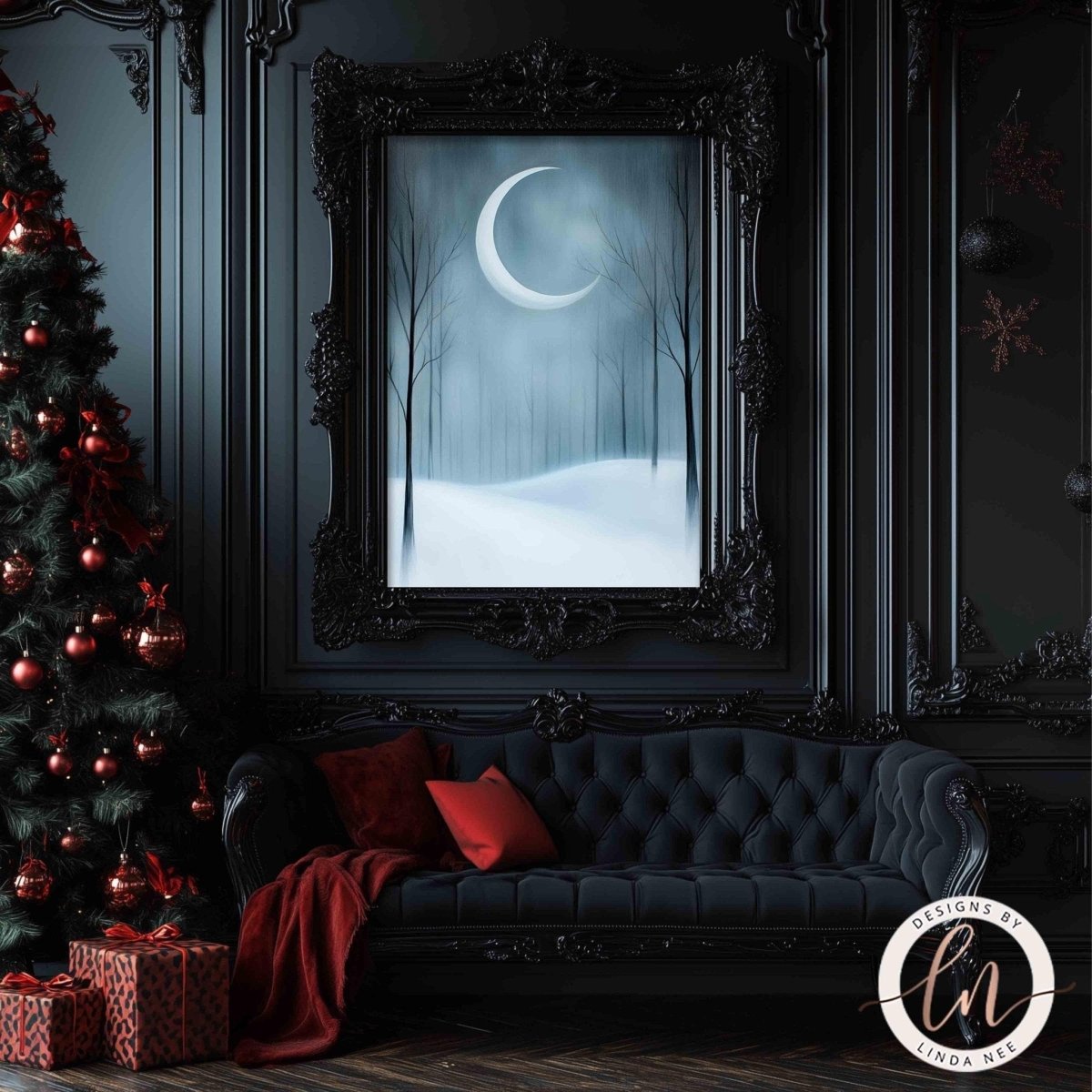 Winter moon wall art displayed in a gothic living room with a black sofa
