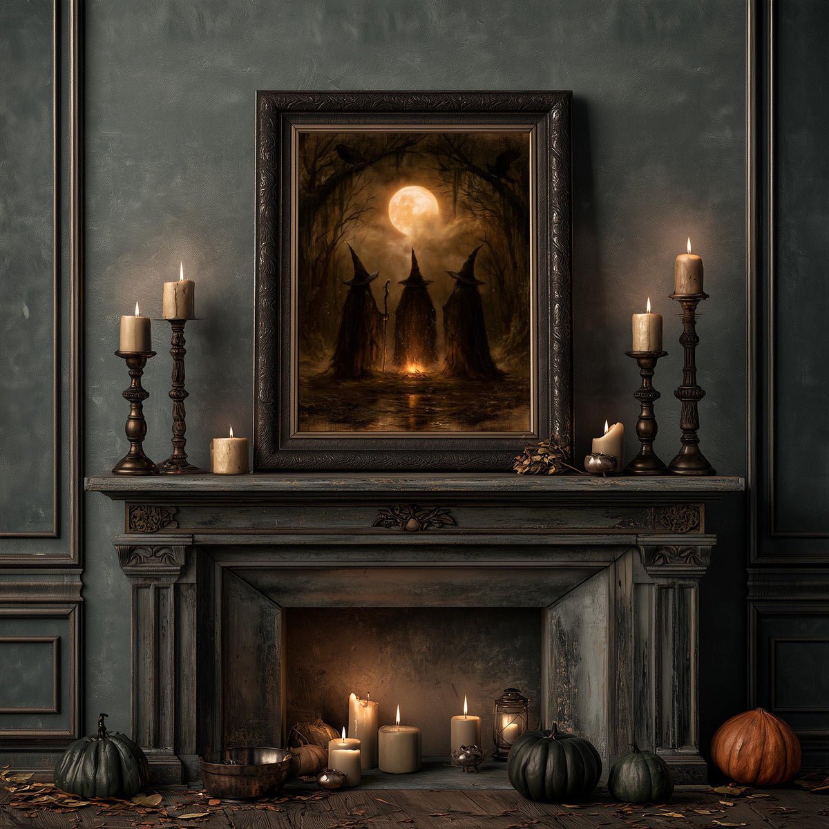 Cozy fireplace with candles and pumpkins beneath the gothic three witches art