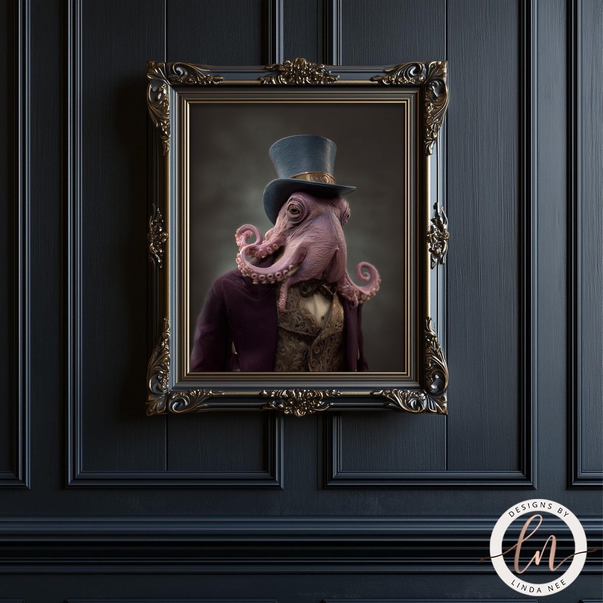 an octopus wearing a top hat and a purple suit, standing in a fancy frame.
