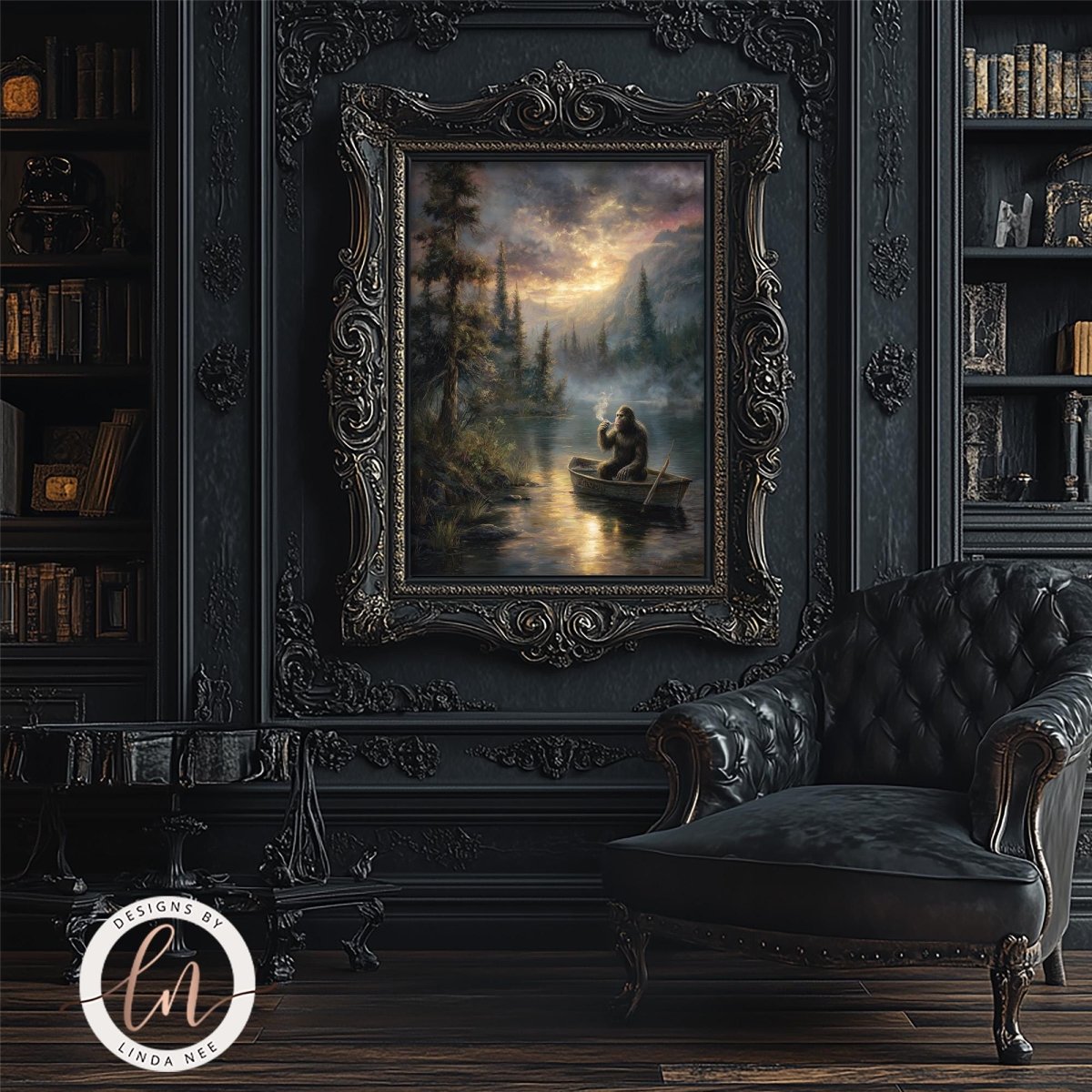 a dark, ornate room with a large painting of a boat on a lake hanging on the wall. The painting is framed in an elaborate, gilded frame and depicts a person sitting in a boat on the water. The room also includes a black leather armchair and a bookshelf filled with books, creating a cozy and sophisticated atmosphere.