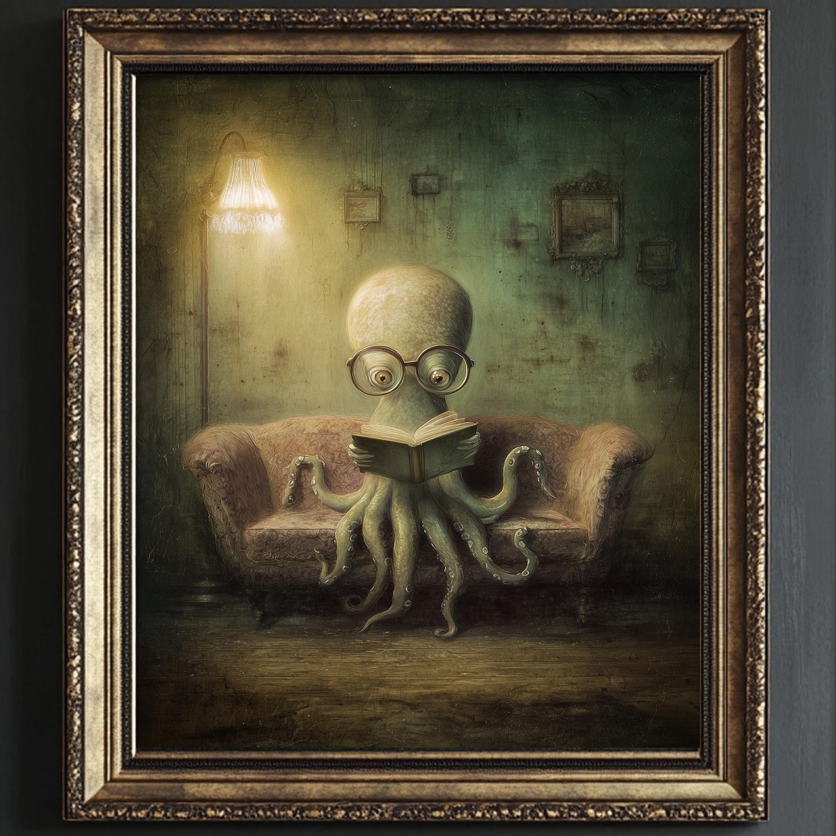 An octopus wearing glasses is sitting on a couch, reading a book in a dimly lit room with a lamp in the background.