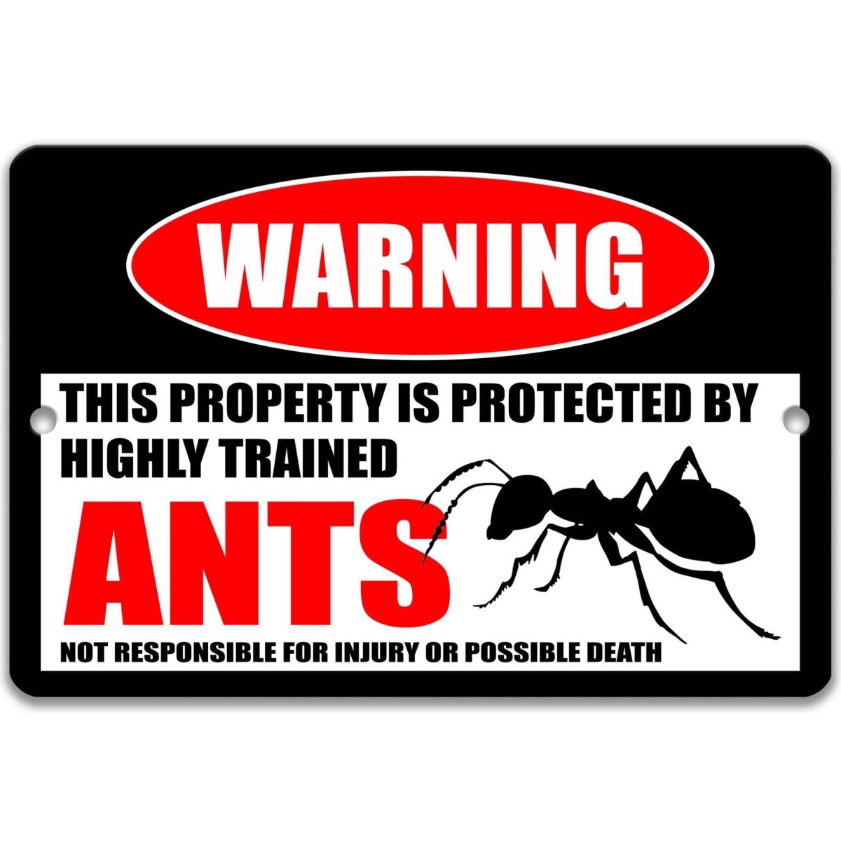 Ant warning metal sign, glossy black, red WARNING oval and worker ant silhouette