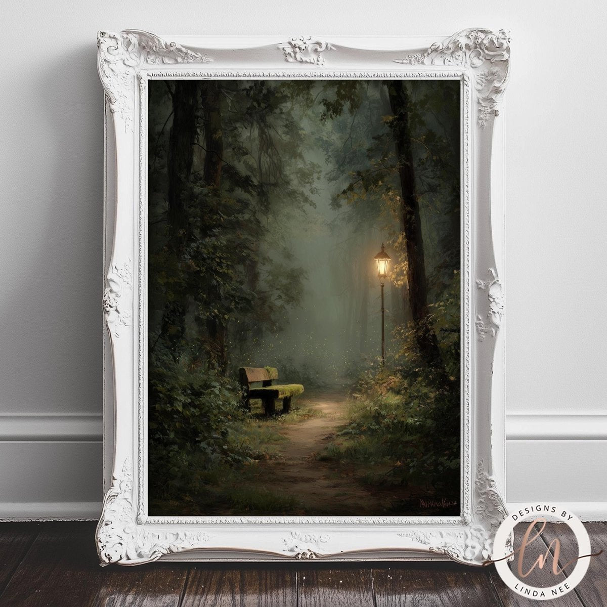 A painting of a bench in a forest, with a path leading to a light source in the distance, creating a serene and peaceful atmosphere.