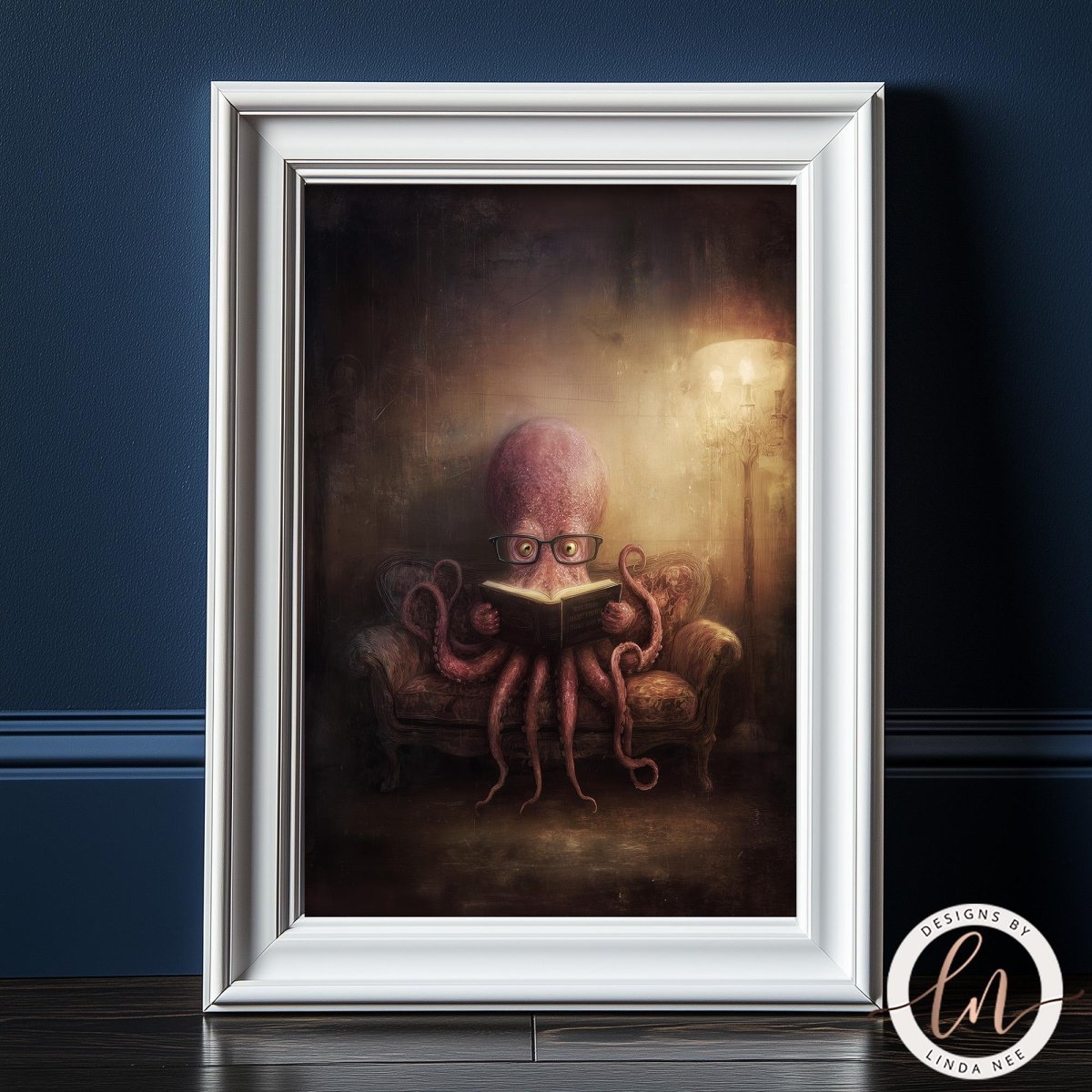 A framed painting depicting an octopus sitting on a couch and reading a book.
