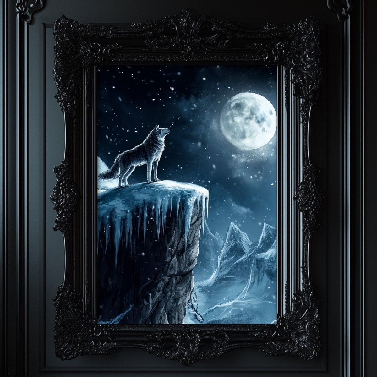 A wolf stands on a cliff, gazing up at a full moon in a snowy, mountainous landscape.