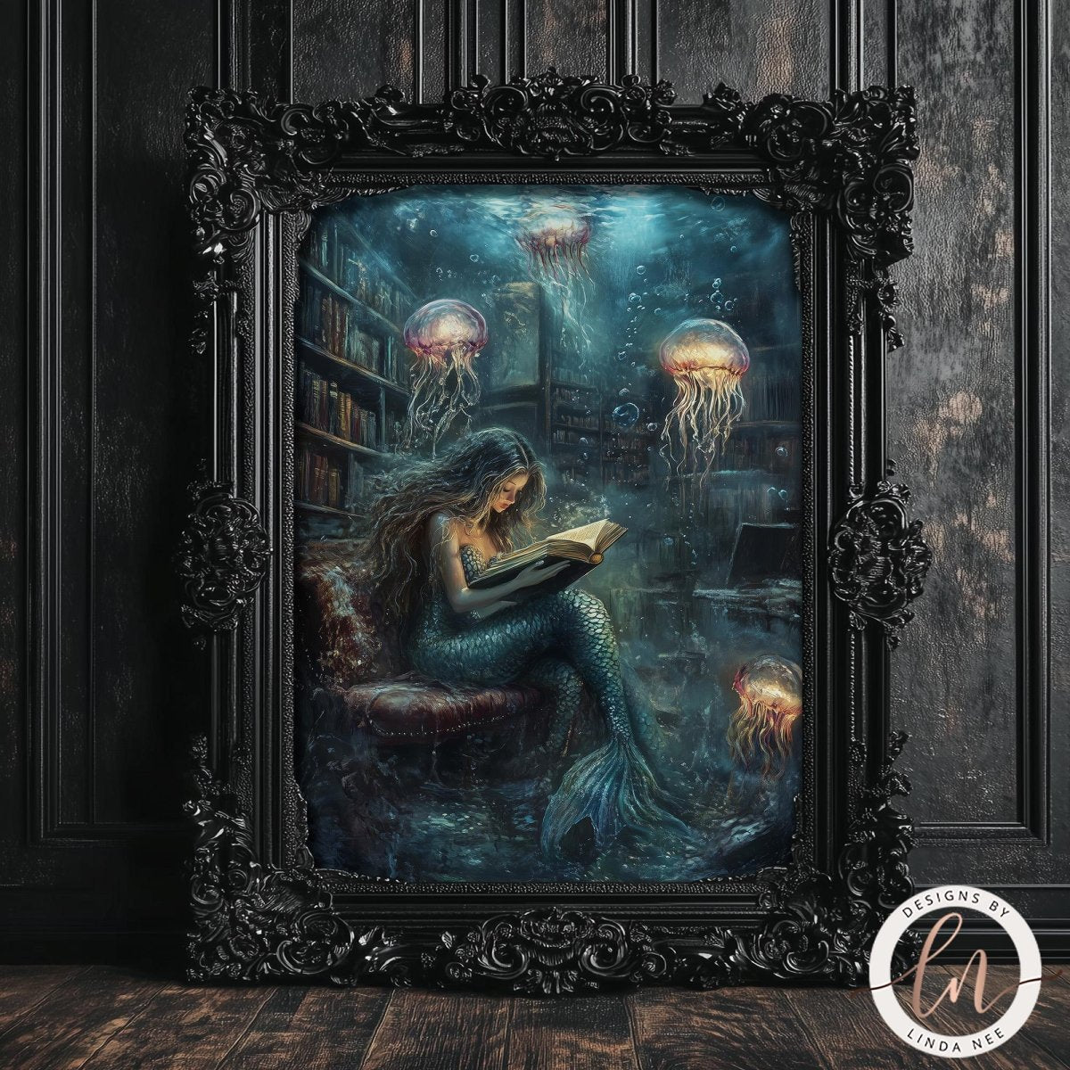 A mermaid is sitting in a chair and reading a book, surrounded by jellyfish and a mysterious underwater scene.