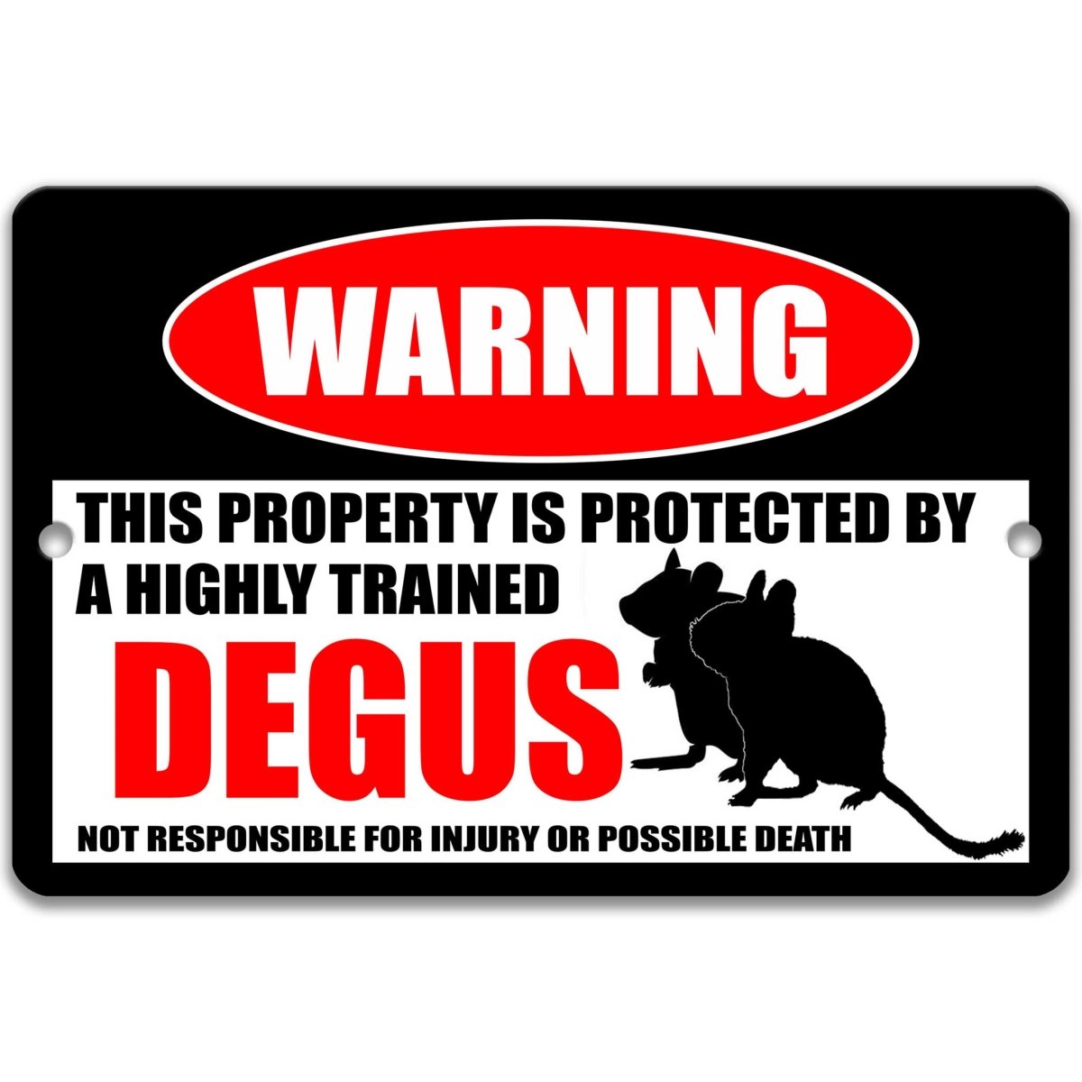 Degus warning metal sign, glossy black, red WARNING oval and two degu silhouettes