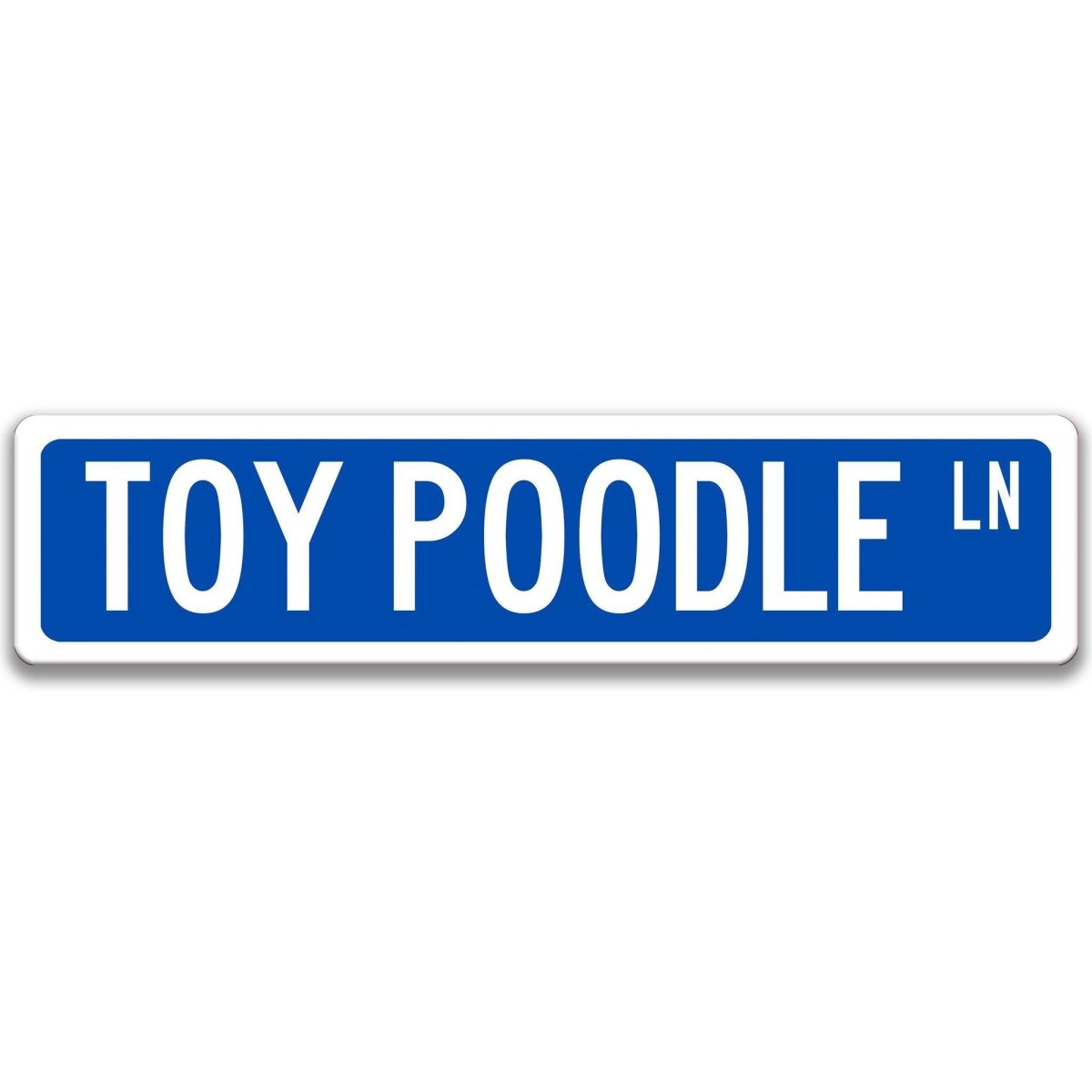 Blue Toy Poodle DR aluminum street sign with white lettering