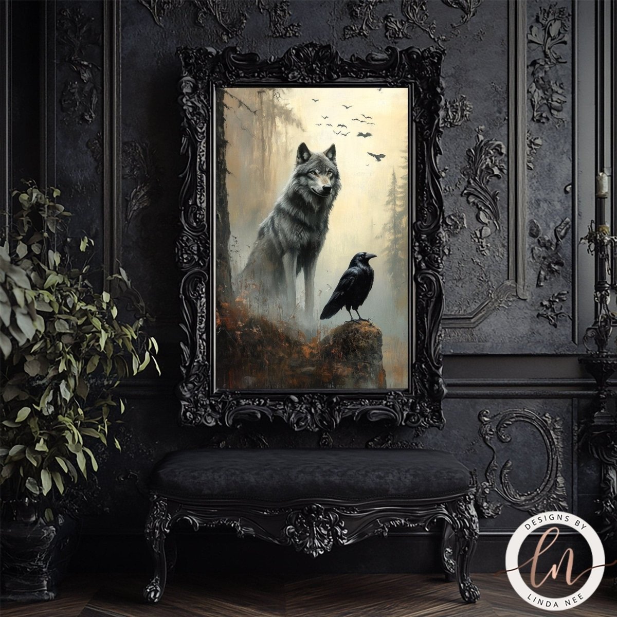 Wolf and raven artwork displayed in a black ornate frame on a bench