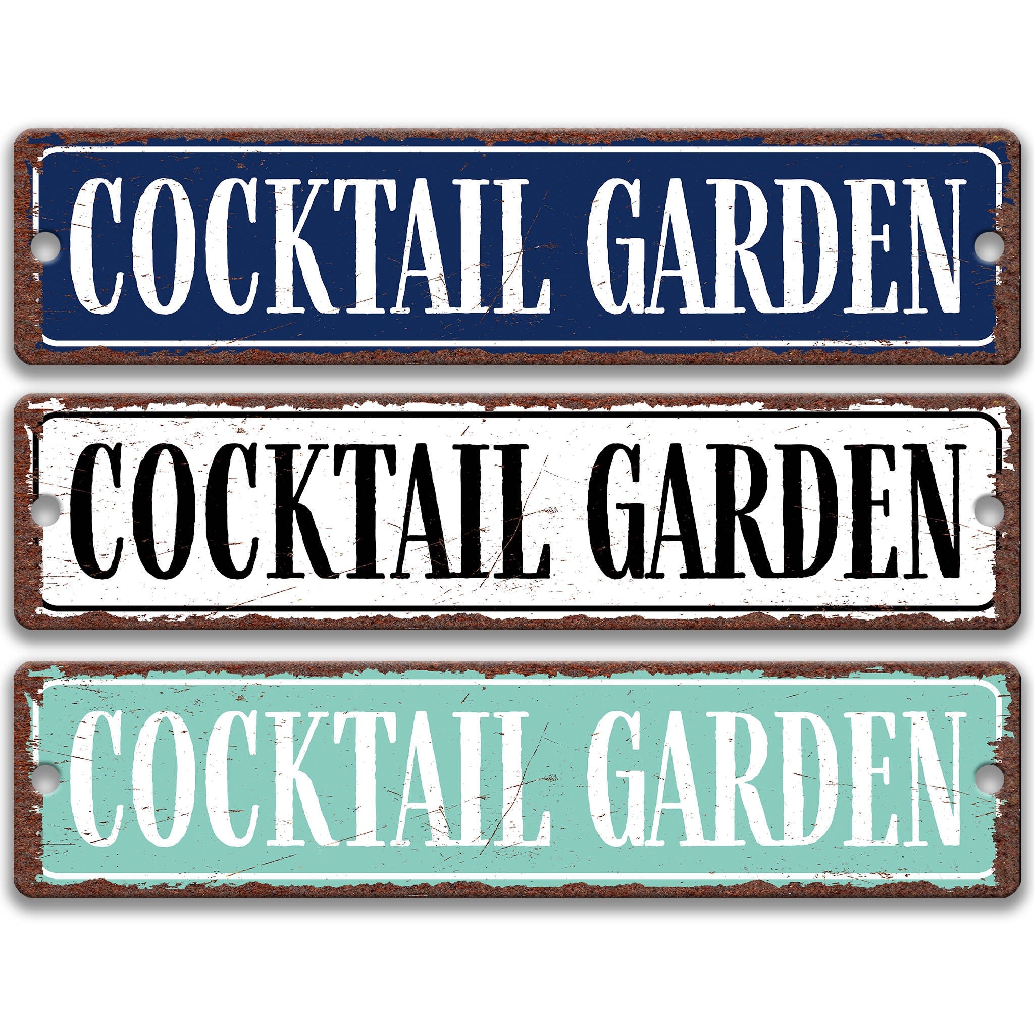 three rectangular signs with the text "Cocktail Garden" written on them.
