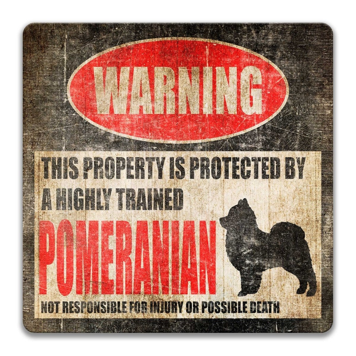 Pomeranian warning sign, red WARNING banner and large Pomeranian dog silhouette, funny Pomeranian lover gift, aluminum with rounded corners