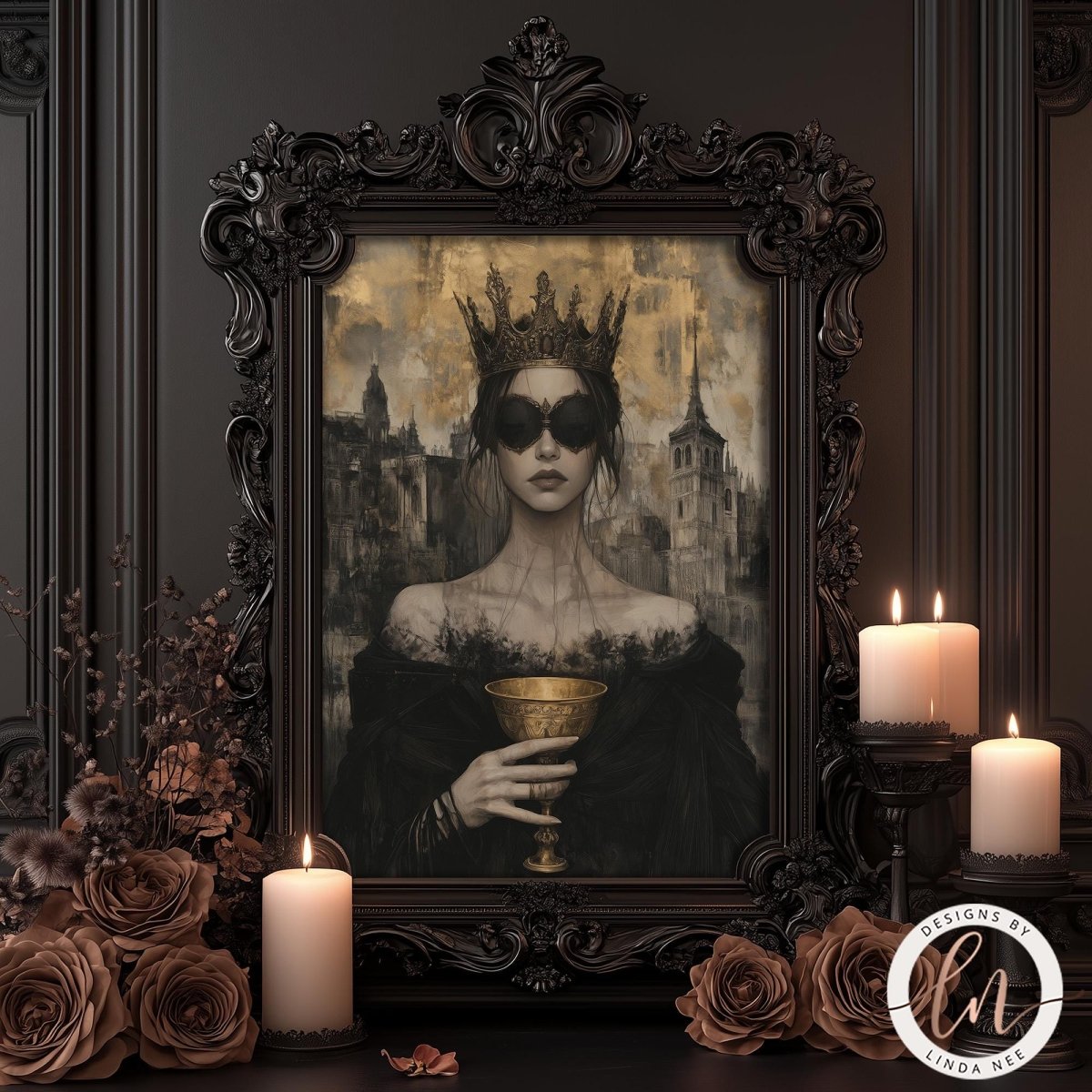 a woman wearing a crown and holding a golden goblet, surrounded by candles and flowers.