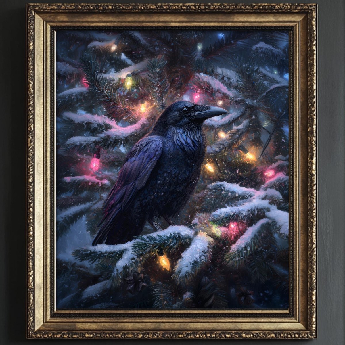 Black crow perched on a snow covered pine branch strung with twinkling Christmas lights