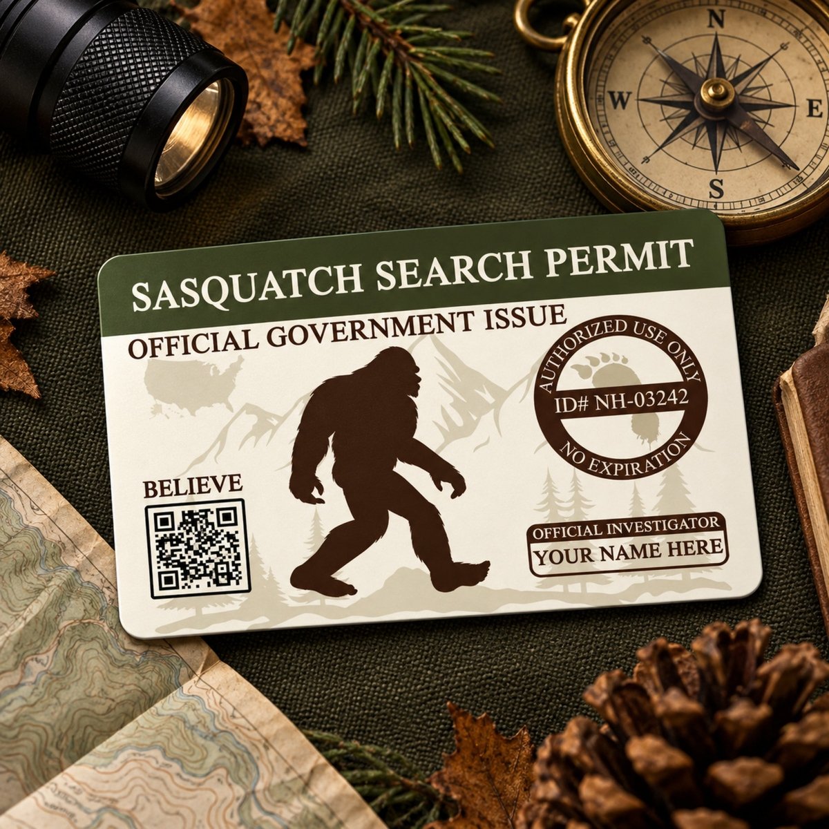 a Sasquatch search permit, a government-issued identification card, with a compass and other outdoor gear on a table.
