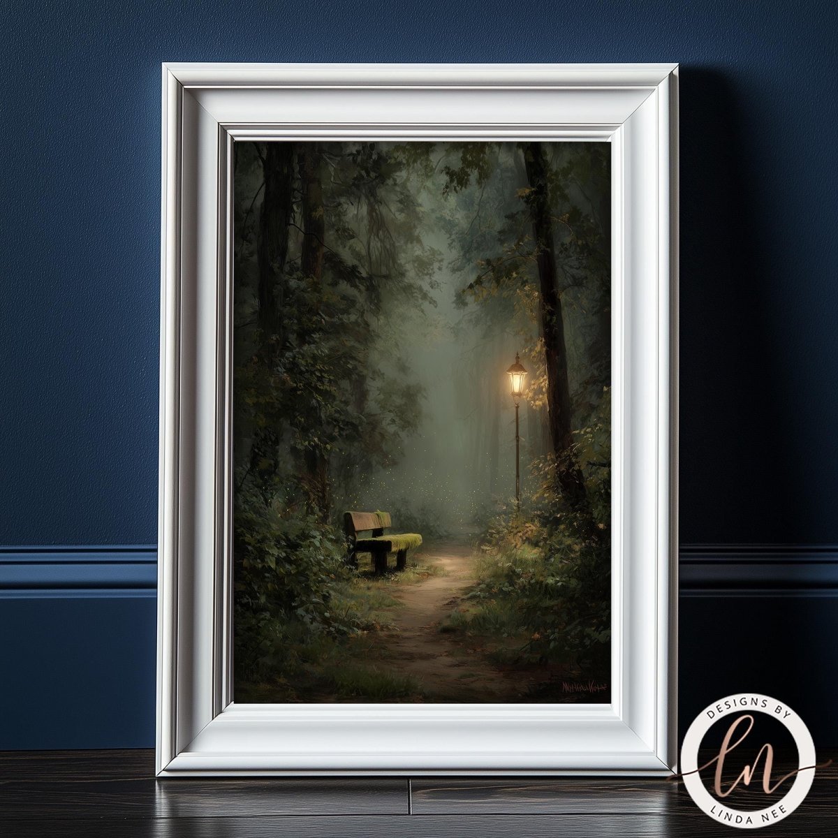 A white-framed painting depicting a serene forest scene with a bench and a lantern-lit path leading through the trees.