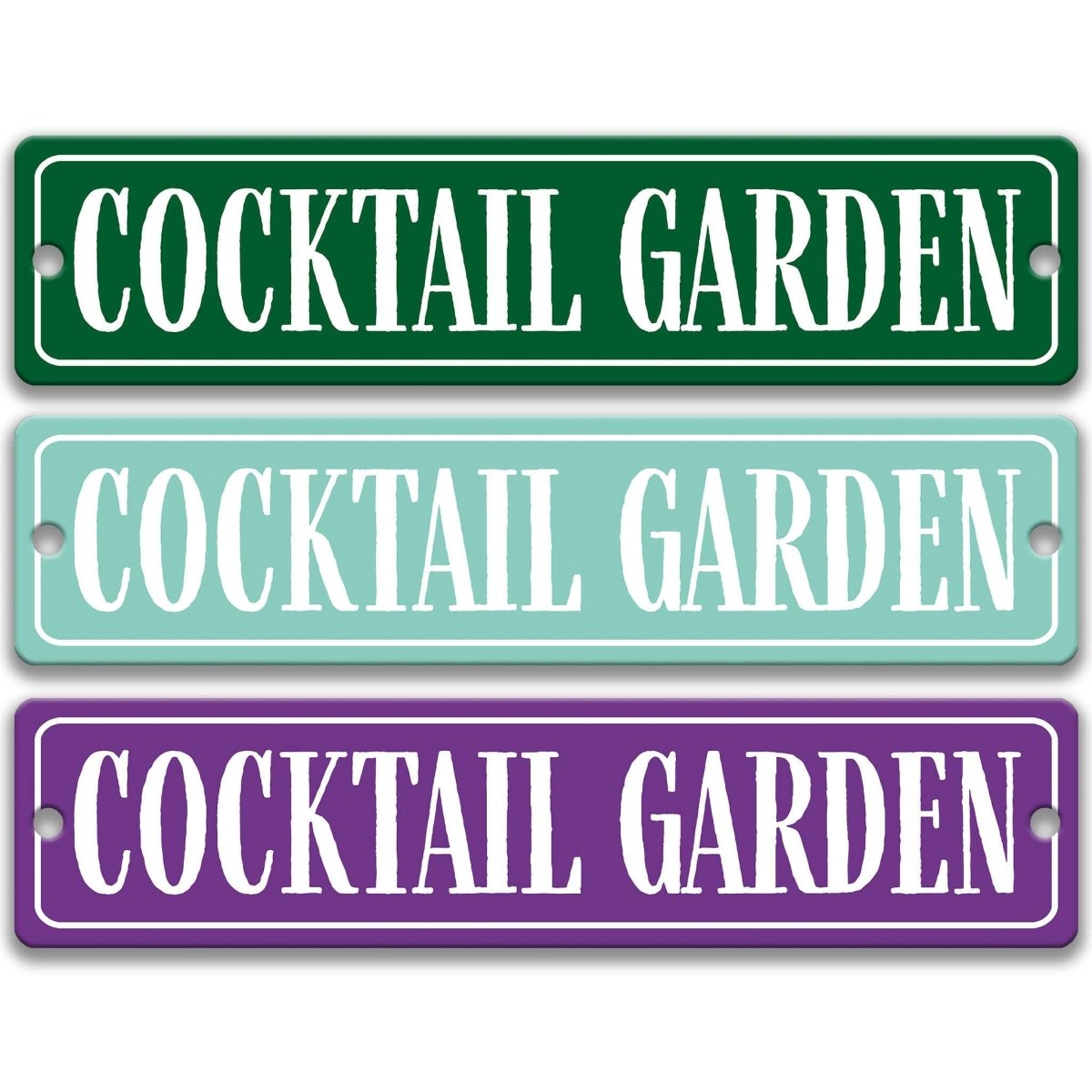 three rectangular signs with the text "Cocktail Garden" written on them in different colors.