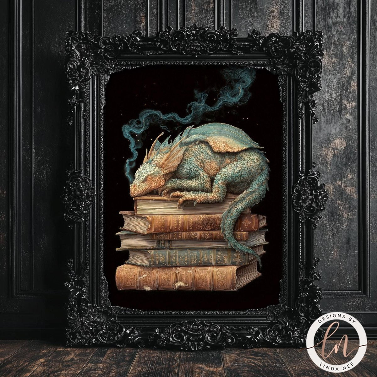 A framed artwork depicting a large, colorful dragon perched atop a stack of books, with a trail of smoke emanating from its mouth.