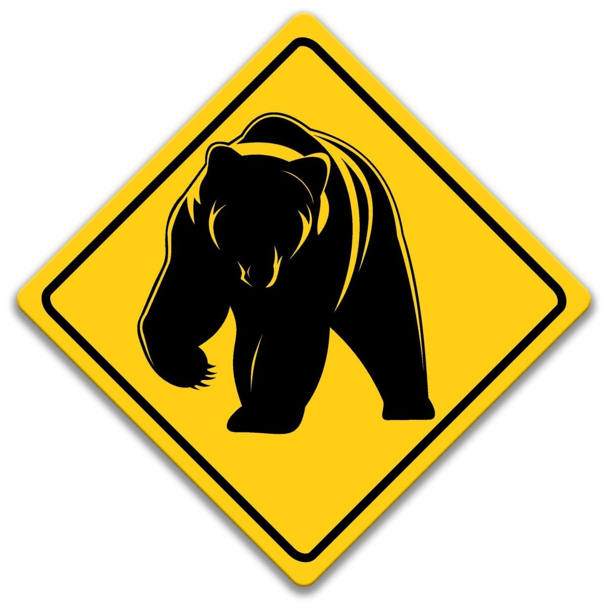 A yellow diamond-shaped sign with a black silhouette of a bear.