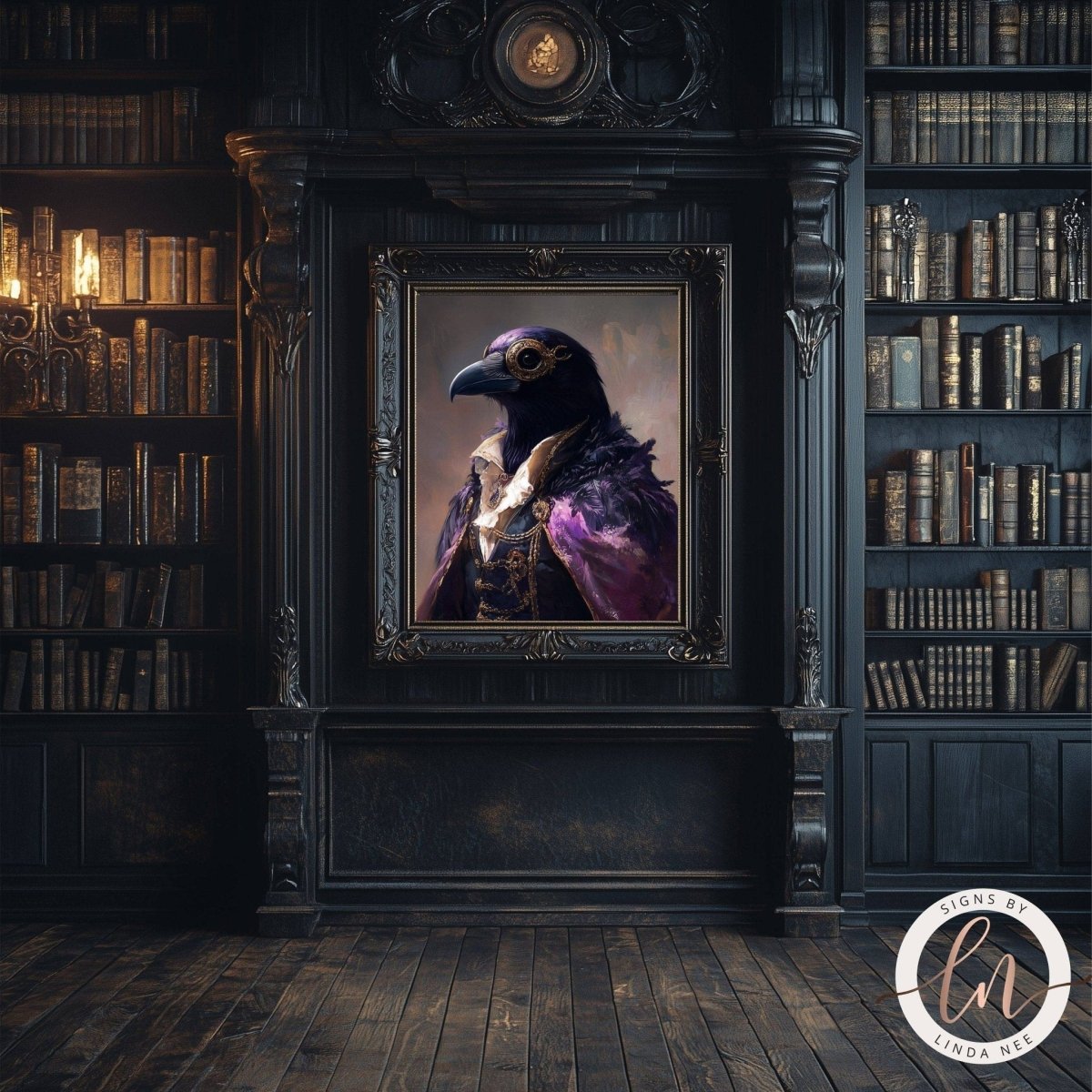 a large painting of a bird, possibly a crow, displayed in a dark, ornate frame in a room with bookshelves.