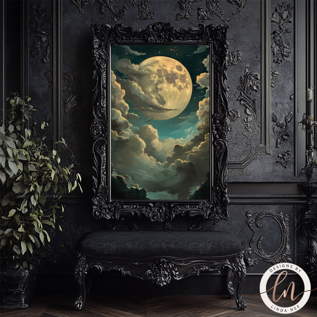 Full moon with a bat print displayed against a carved dark wall