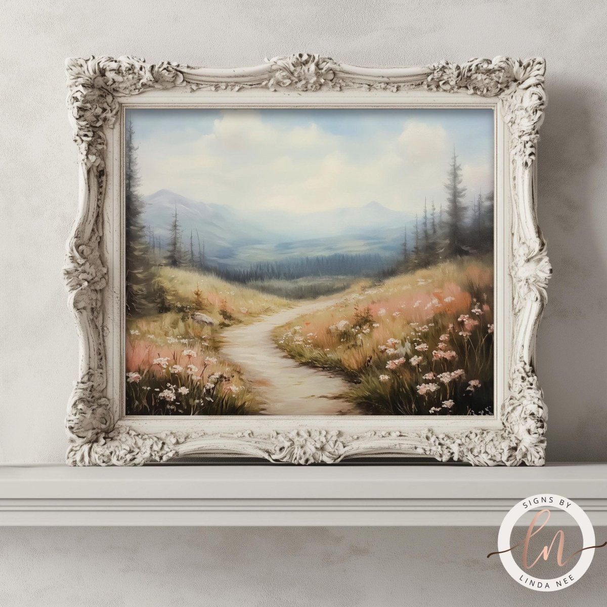 a painting of a scenic landscape with a winding path leading through a field of flowers and surrounded by trees.