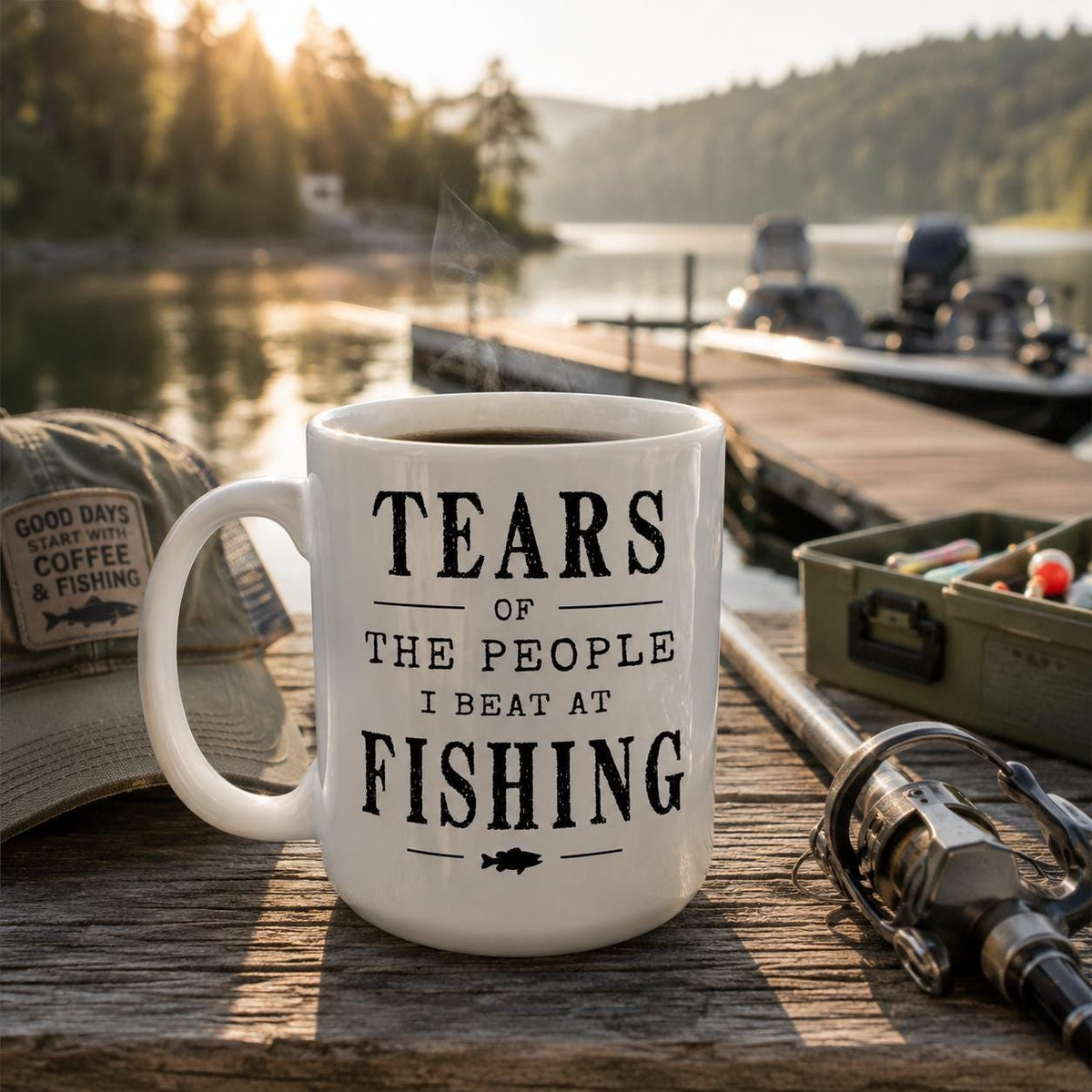 Fishing mug on a wooden dock with a fishing rod and tackle, overlooking a calm lake