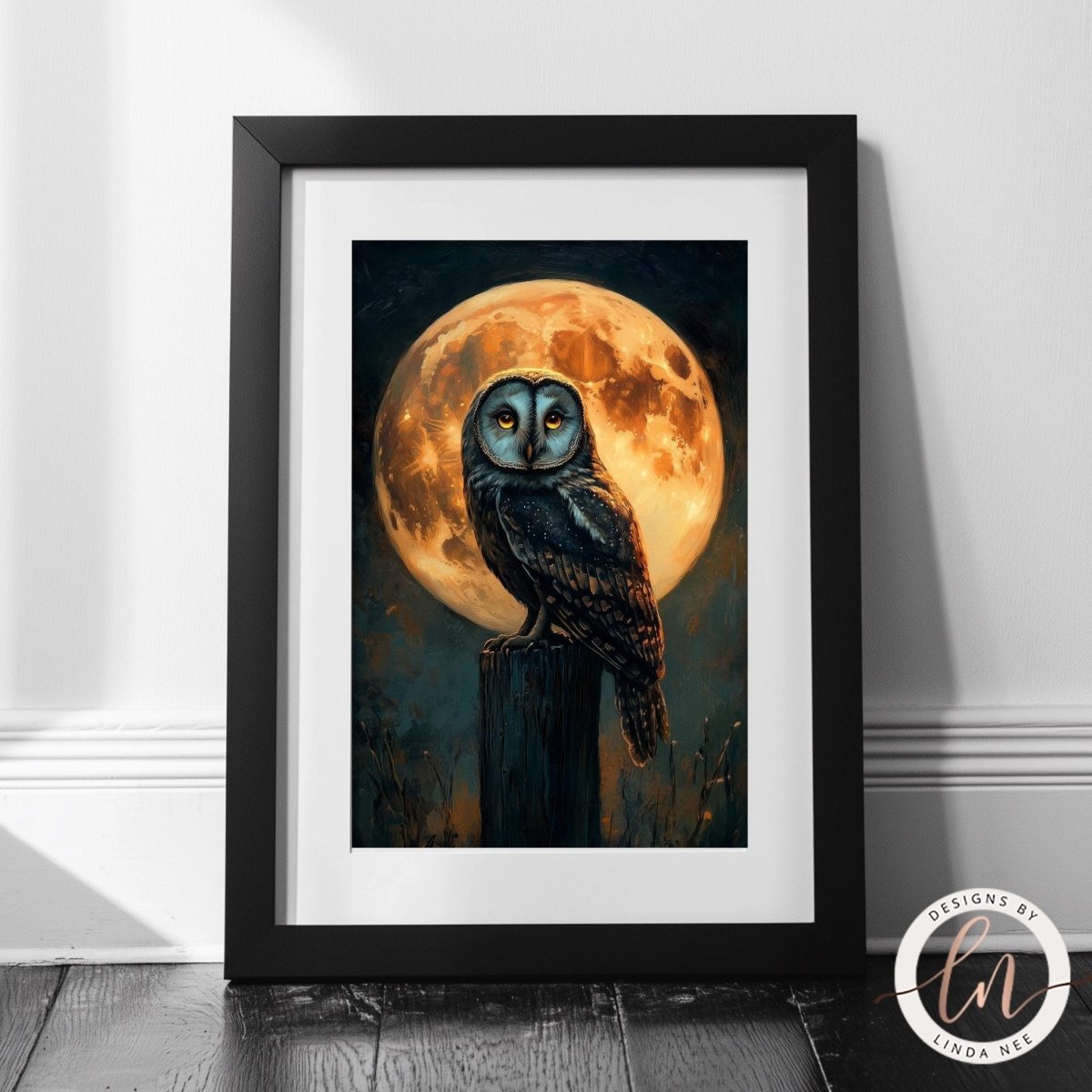 Owl perched under a glowing orange moon at night